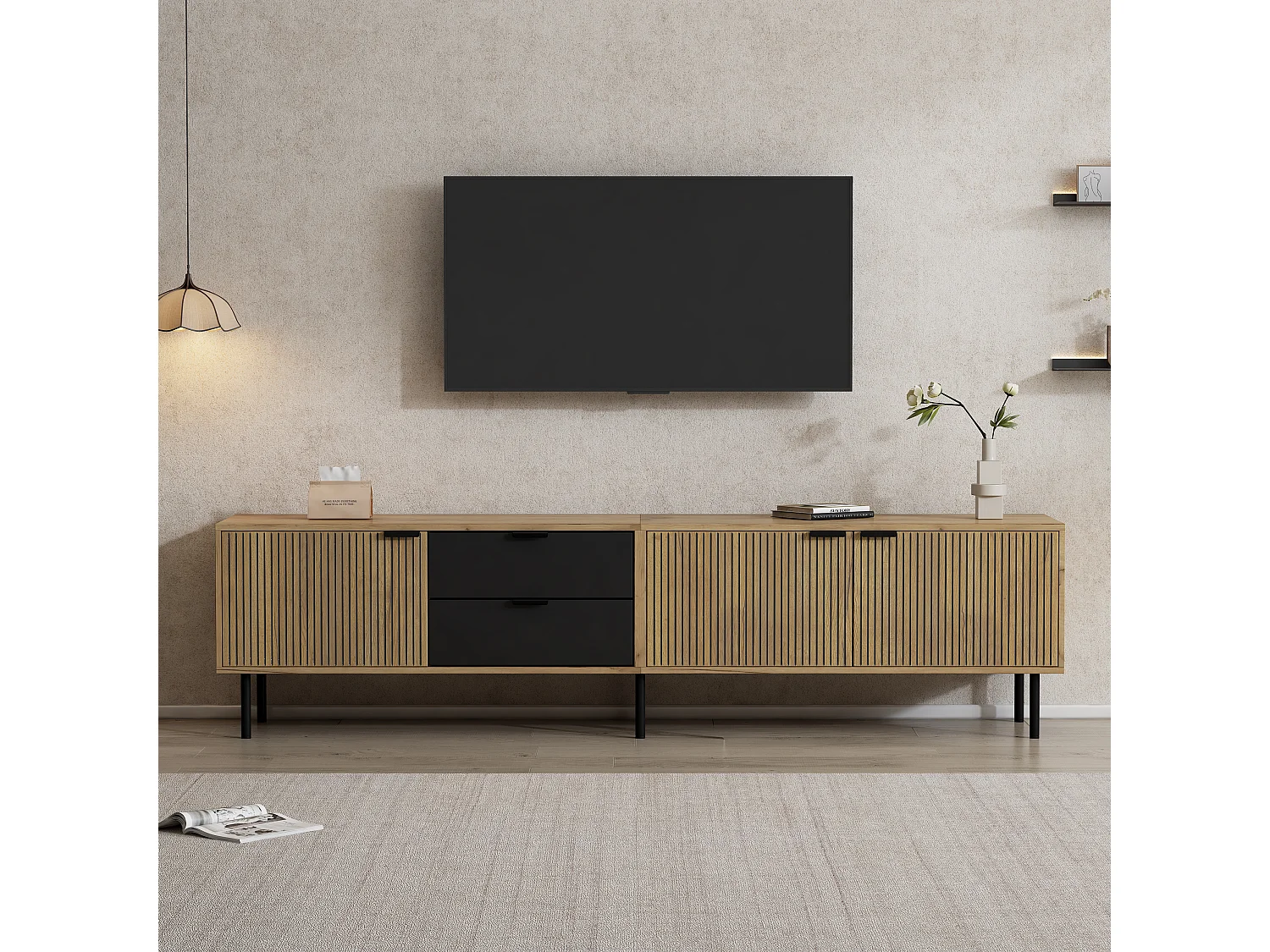 Modernes TV-Lowboard 208x40x48 cm - 3 Türen und 2 Schubladen - geeignet für Fernseher bis 85 Zoll - Natur + Schwarz