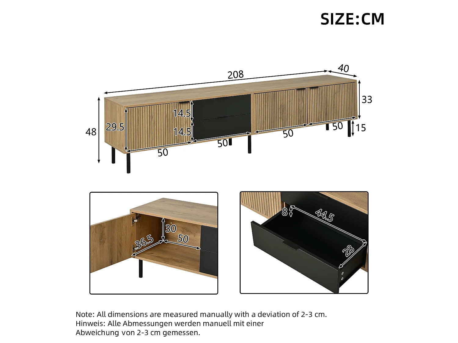 Mobile TV moderno 208x40x48 cm - 3 ante e 2 cassetti - adatto per TV fino a 85 pollici - naturale + nero