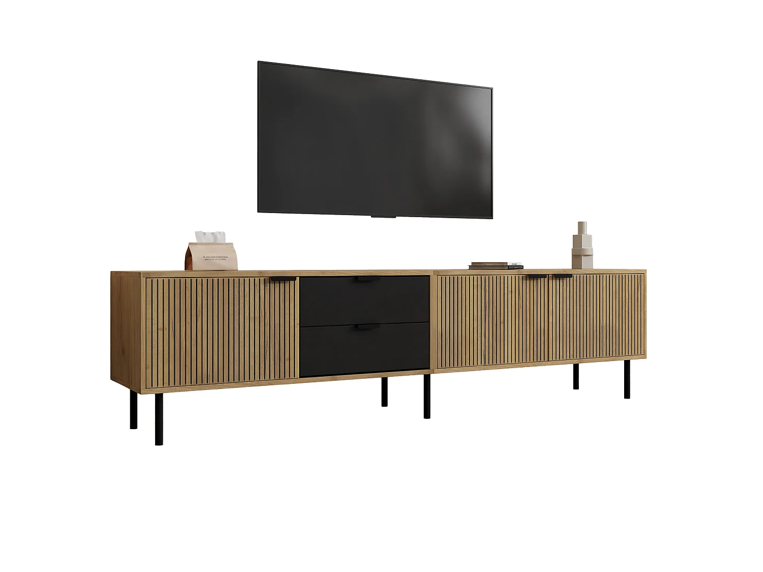 Mobile TV moderno 208x40x48 cm - 3 ante e 2 cassetti - adatto per TV fino a 85 pollici - naturale + nero