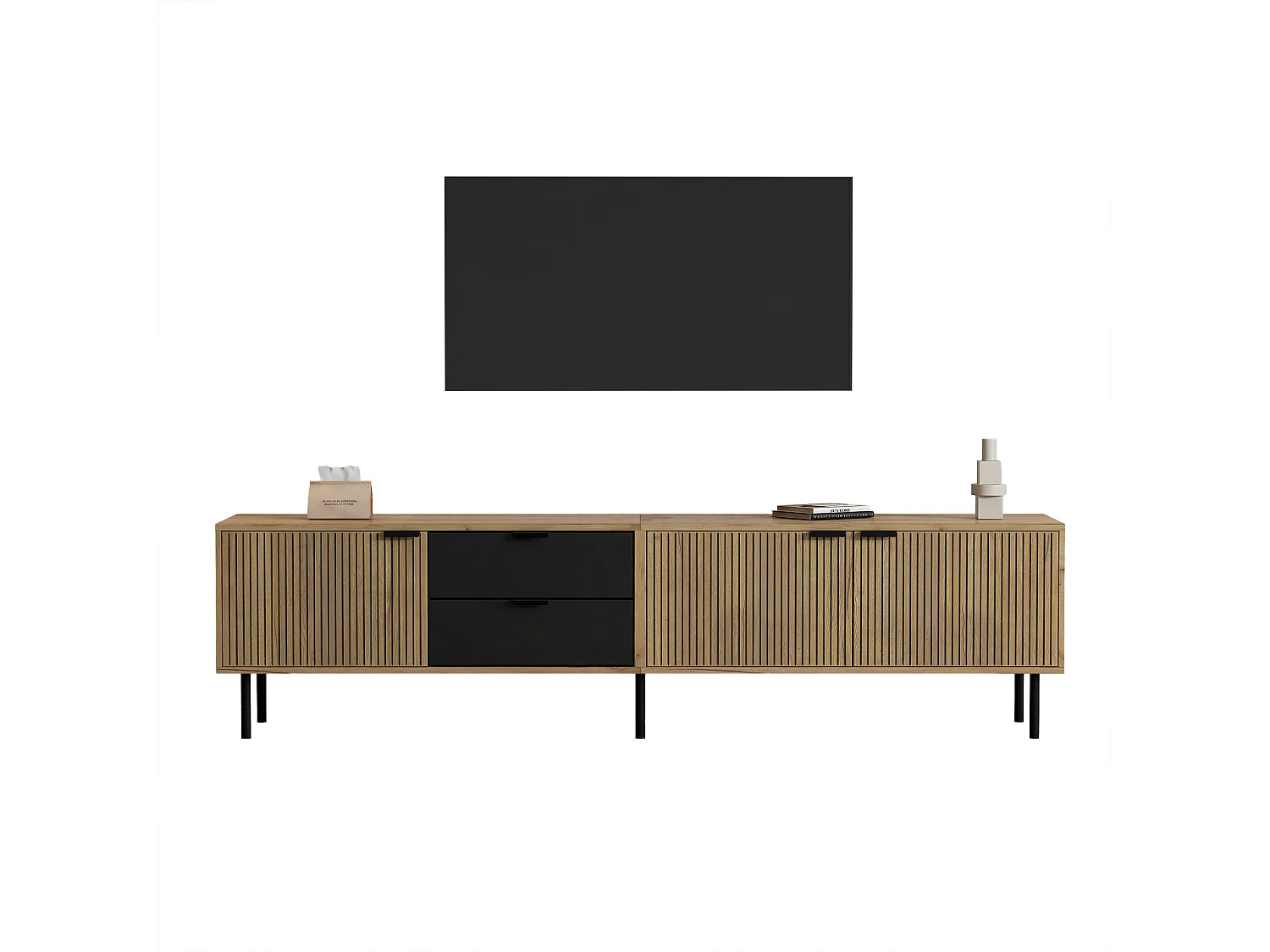 Mobile TV moderno 208x40x48 cm - 3 ante e 2 cassetti - adatto per TV fino a 85 pollici - naturale + nero