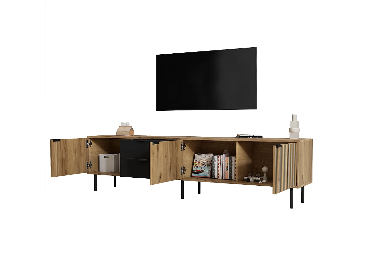 Mobile TV moderno 208x40x48 cm - 3 ante e 2 cassetti - adatto per TV fino a 85 pollici - naturale + nero