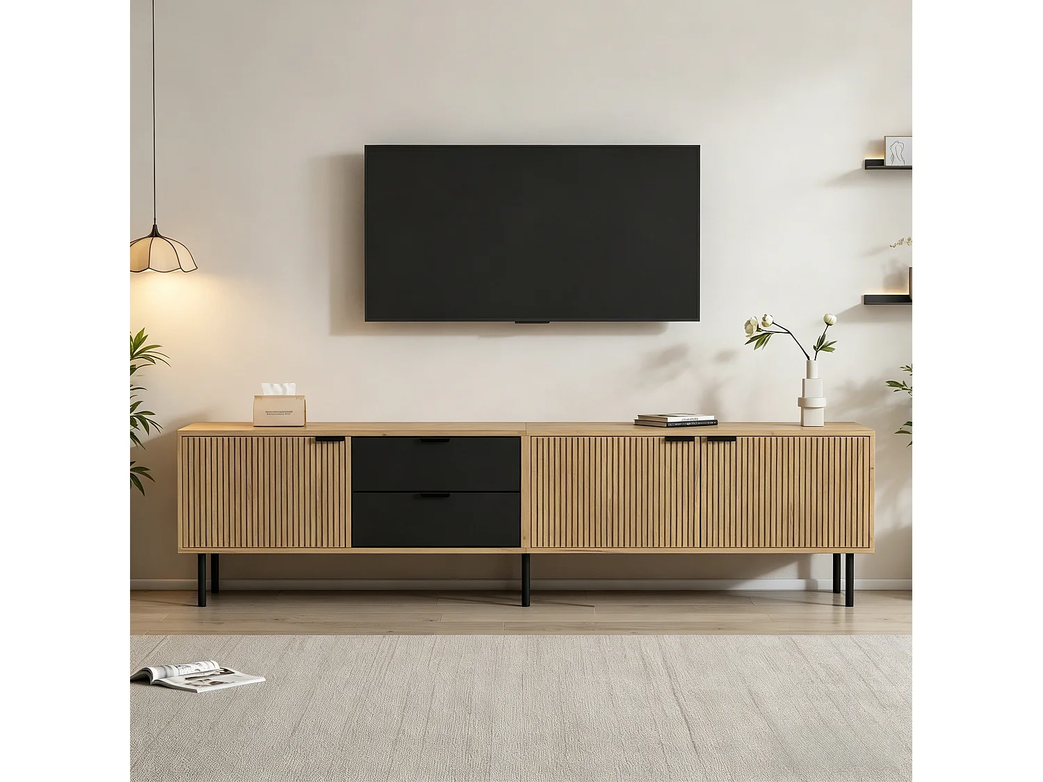 Modernes TV-Lowboard 208x40x48 cm - 3 Türen und 2 Schubladen - geeignet für Fernseher bis 85 Zoll - Natur + Schwarz
