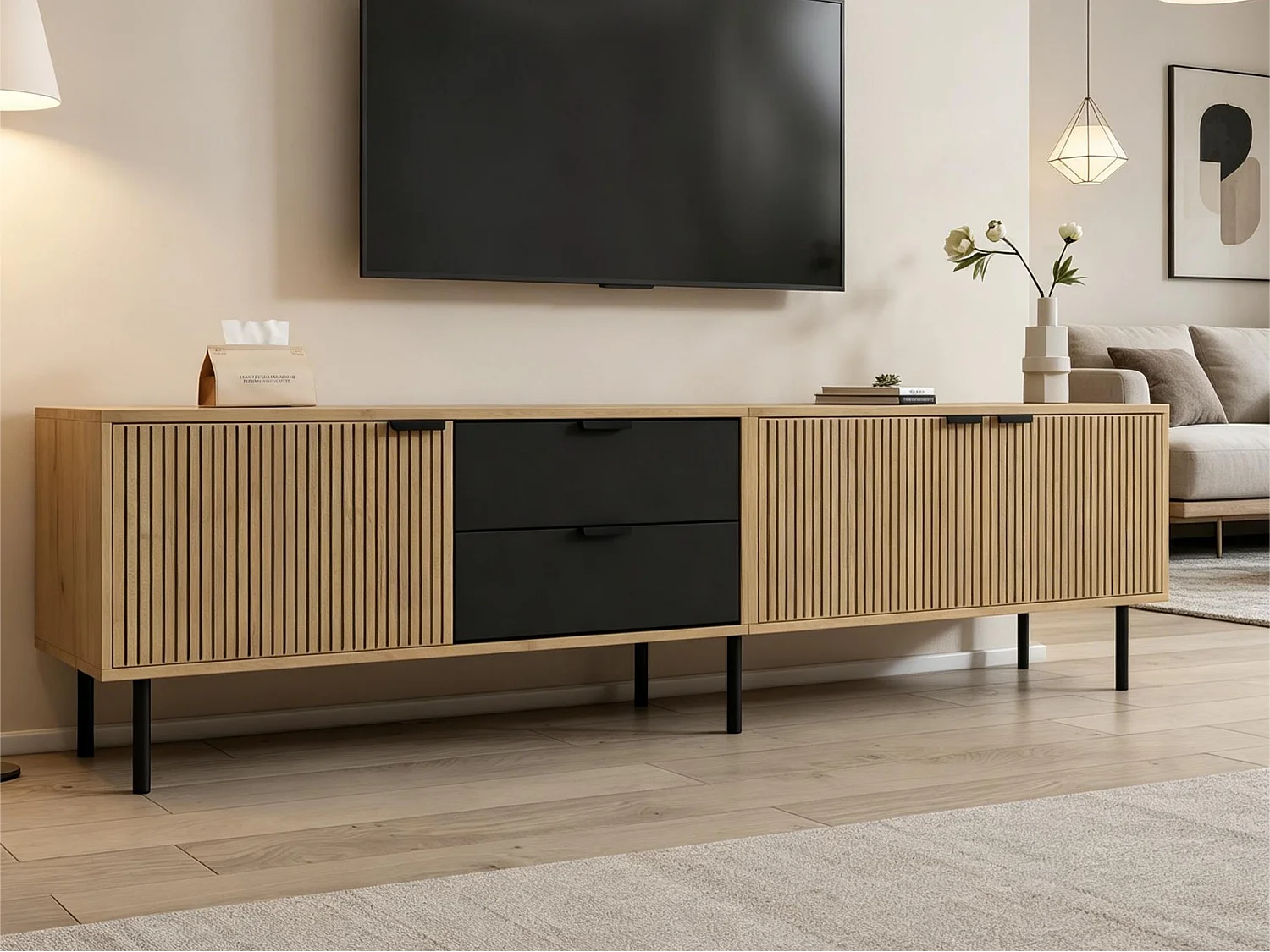 Mobile TV moderno 208x40x48 cm - 3 ante e 2 cassetti - adatto per TV fino a 85 pollici - naturale + nero