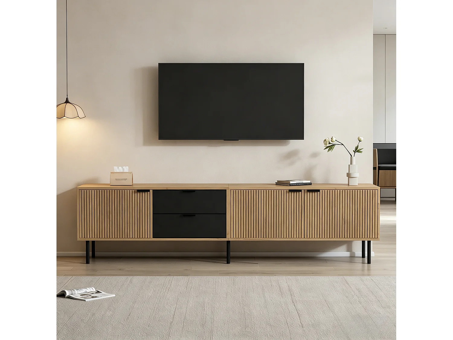 Mobile TV moderno 208x40x48 cm - 3 ante e 2 cassetti - adatto per TV fino a 85 pollici - naturale + nero