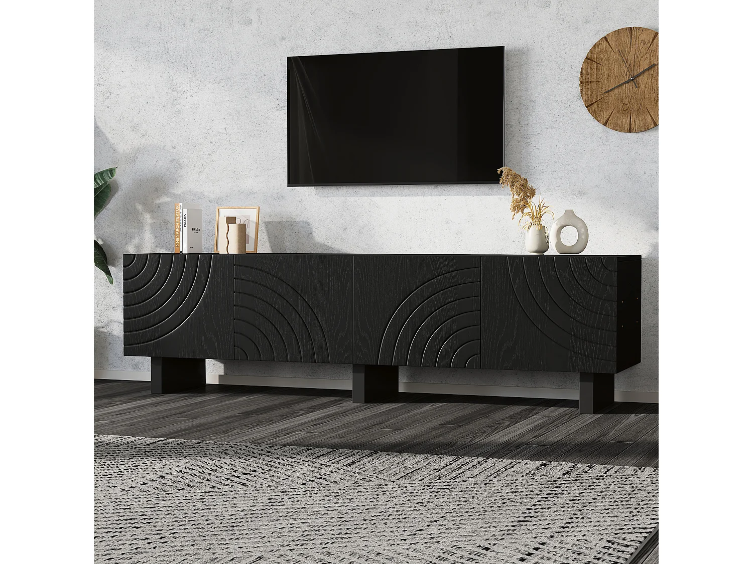 Modernes TV-Lowboard 180x40x55 cm - mit 4 Türen - geeignet für Fernseher bis 75 Zoll - Spanplatten - Schwarz