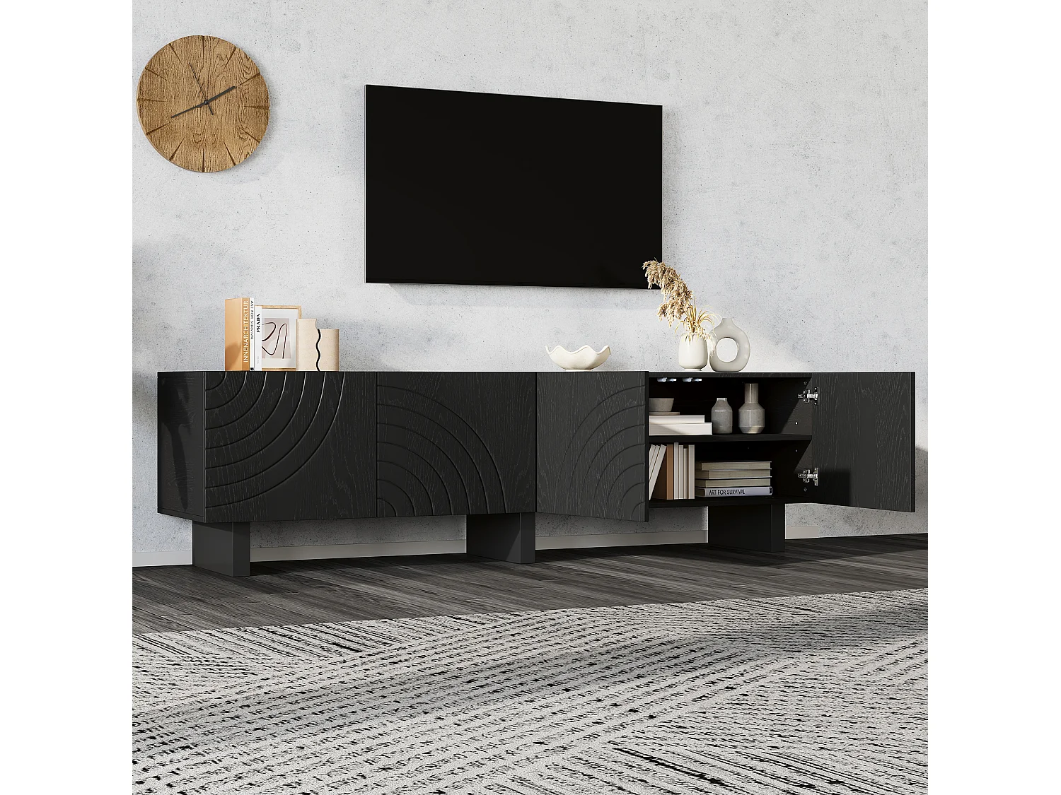 Modernes TV-Lowboard 180x40x55 cm - mit 4 Türen - geeignet für Fernseher bis 75 Zoll - Spanplatten - Schwarz