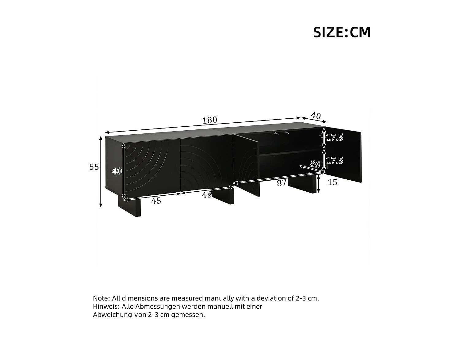 Modernes TV-Lowboard 180x40x55 cm - mit 4 Türen - geeignet für Fernseher bis 75 Zoll - Spanplatten - Schwarz