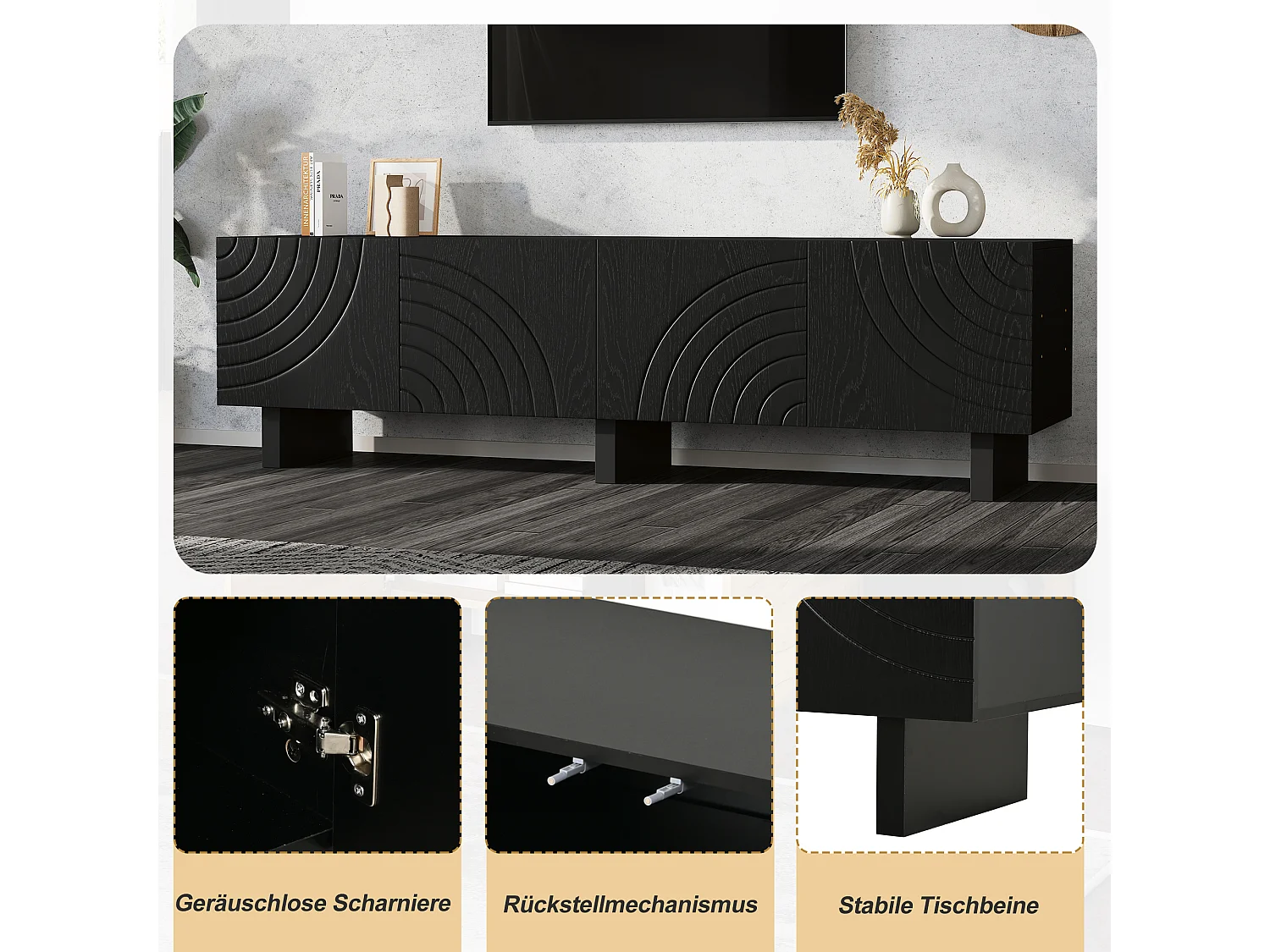 Modernes TV-Lowboard 180x40x55 cm - mit 4 Türen - geeignet für Fernseher bis 75 Zoll - Spanplatten - Schwarz