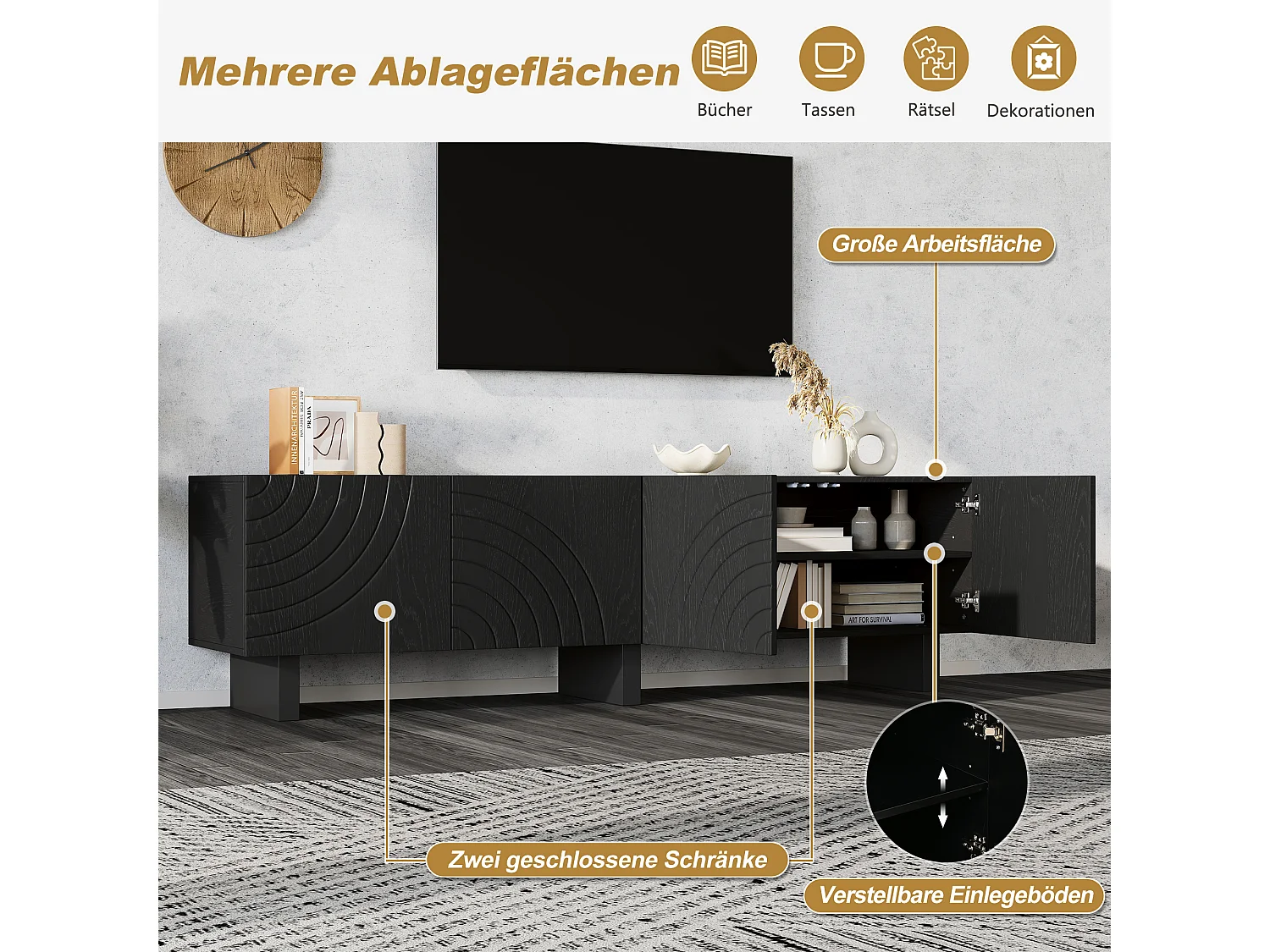 Modernes TV-Lowboard 180x40x55 cm - mit 4 Türen - geeignet für Fernseher bis 75 Zoll - Spanplatten - Schwarz