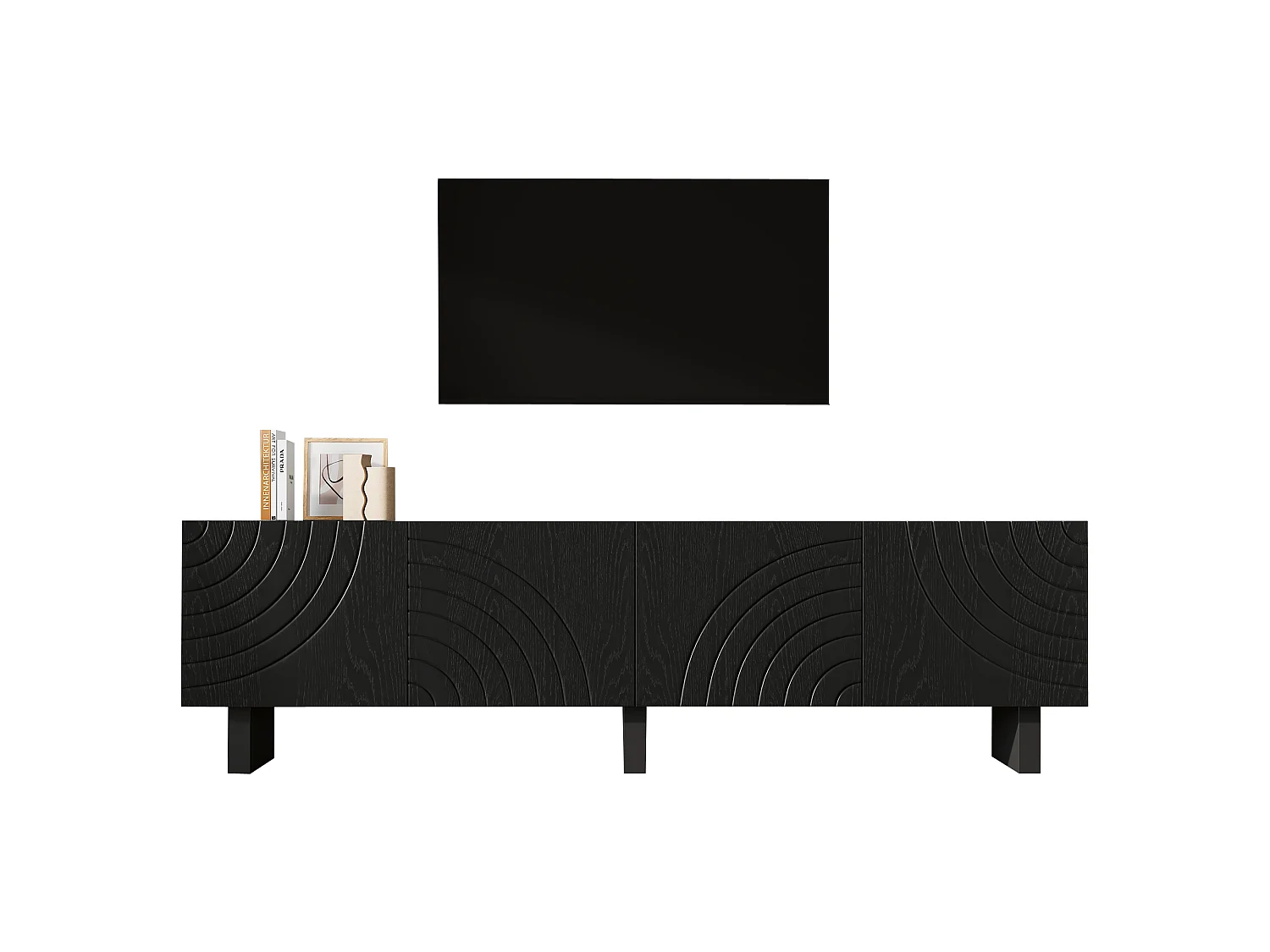 Meuble TV moderne 180x40x55 cm - avec 4 portes - Compatible TV jusqu'à 75 pouces - Panneaux de particules - Noir