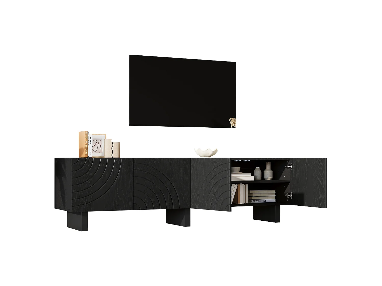 Meuble TV moderne 180x40x55 cm - avec 4 portes - Compatible TV jusqu'à 75 pouces - Panneaux de particules - Noir