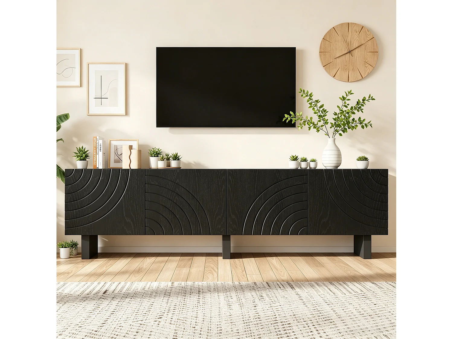 Modernes TV-Lowboard 180x40x55 cm - mit 4 Türen - geeignet für Fernseher bis 75 Zoll - Spanplatten - Schwarz