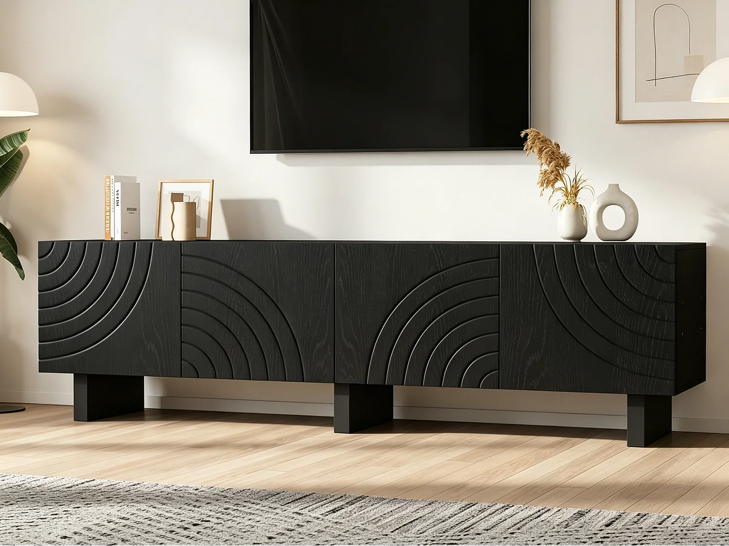 Meuble TV moderne 180x40x55 cm - avec 4 portes - Compatible TV jusqu'à 75 pouces - Panneaux de particules - Noir