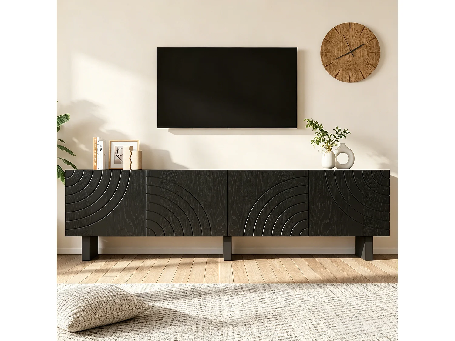 Meuble TV moderne 180x40x55 cm - avec 4 portes - Compatible TV jusqu'à 75 pouces - Panneaux de particules - Noir