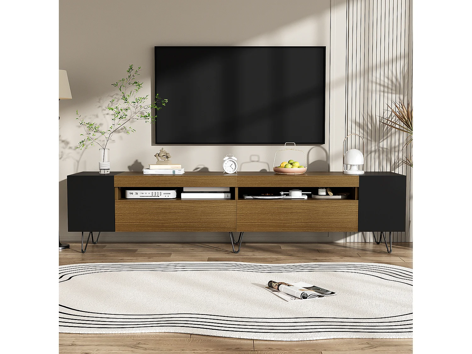 TV Stand 180 cm - one Drop-Down Door and 4 Open Compartments on Both Sides - Black & Natural