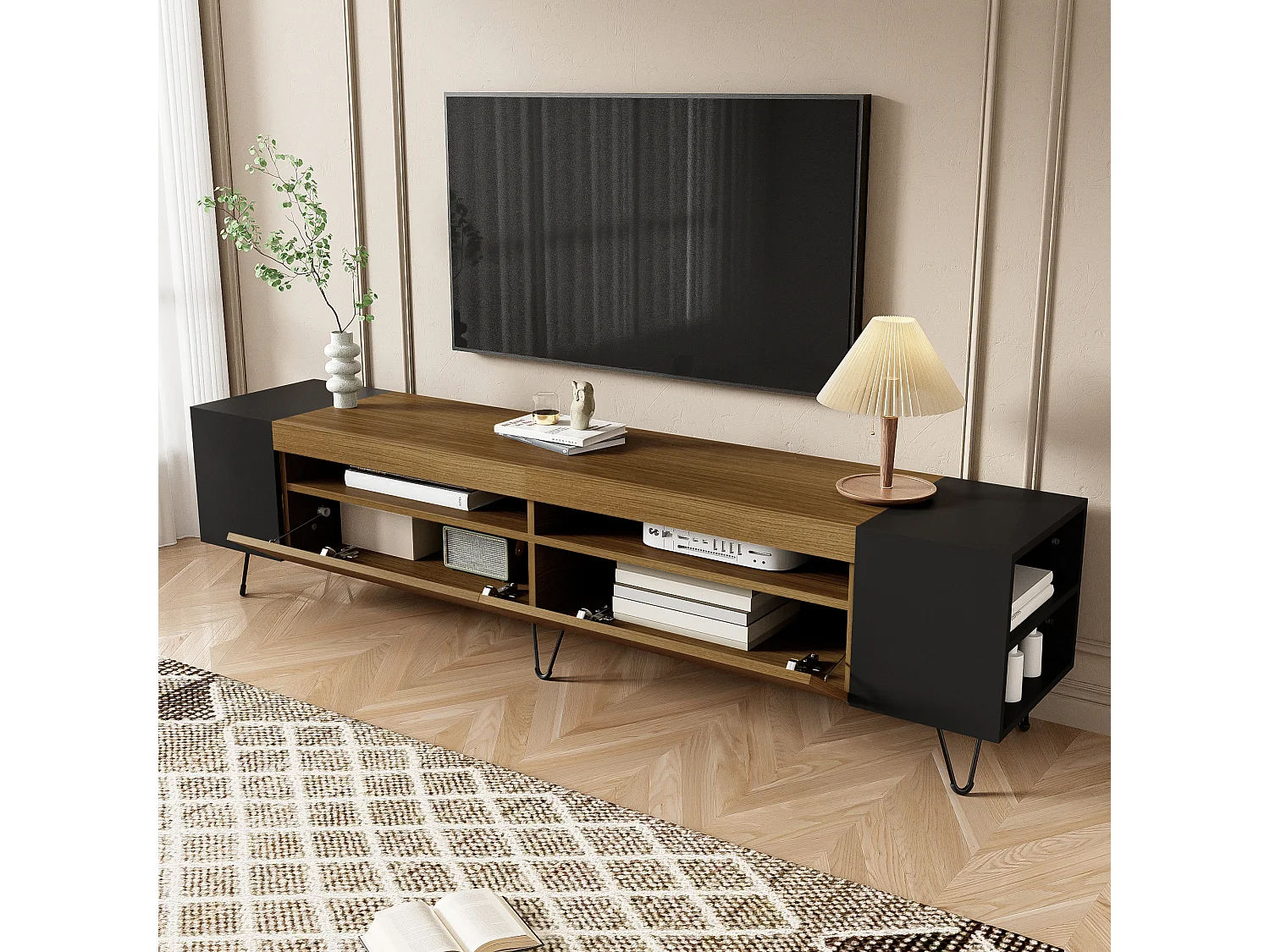 TV Stand 180 cm - one Drop-Down Door and 4 Open Compartments on Both Sides - Black & Natural