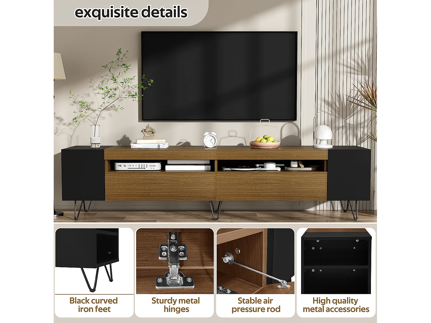 TV Stand 180 cm - one Drop-Down Door and 4 Open Compartments on Both Sides - Black & Natural