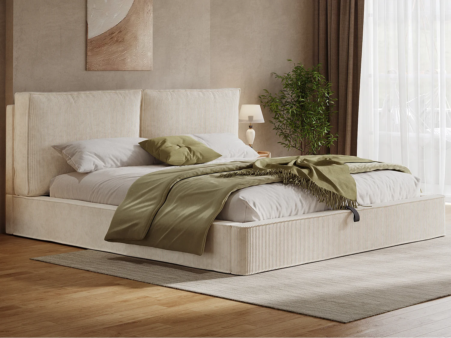Polsterbett mit Stauraum 180 x 200 cm - mit Lattenrost - Cord-Samt - Beige (ohne Matratze)