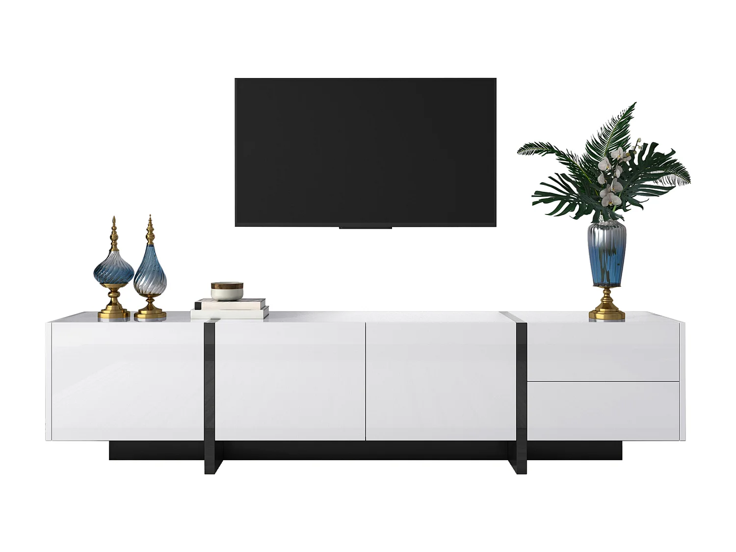 190cm Modern TV Stand with 3 Doors and 2 Drawers - Glossy White & Black