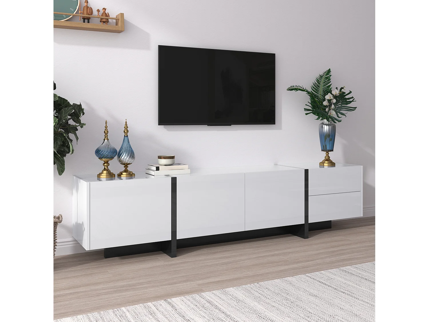 190cm Modern TV Stand with 3 Doors and 2 Drawers - Glossy White & Black