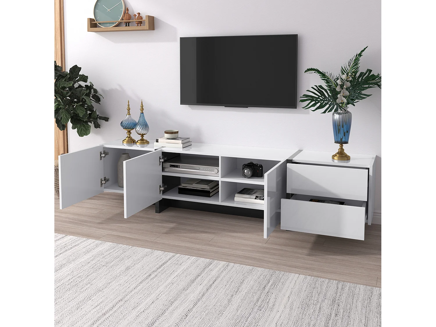 190cm Modern TV Stand with 3 Doors and 2 Drawers - Glossy White & Black