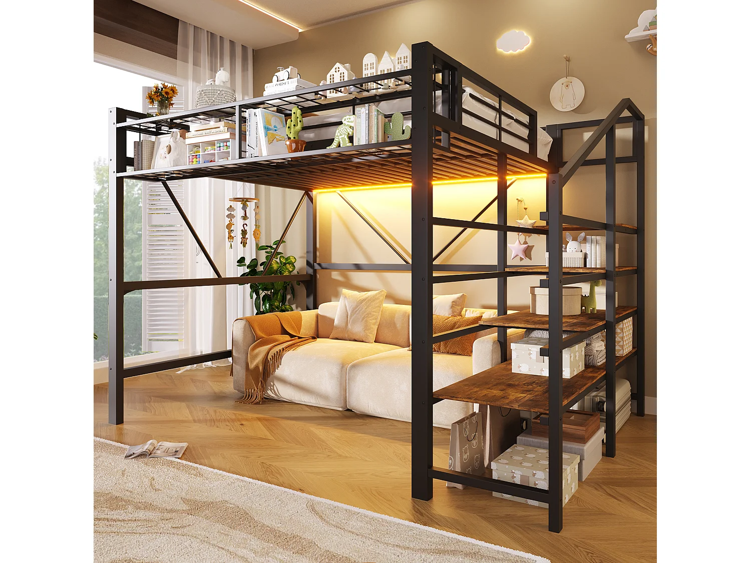 Cama loft 140 x 200 cm - estrutura em metal - com prateleiras de vários níveis - com faixa de luz LED - preto (colchão não incluído)