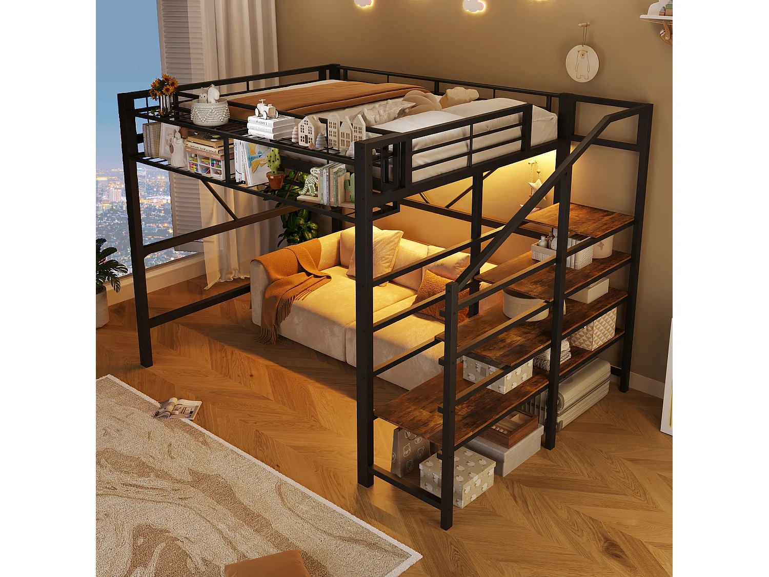 Cama loft 140 x 200 cm - estrutura em metal - com prateleiras de vários níveis - com faixa de luz LED - preto (colchão não incluído)