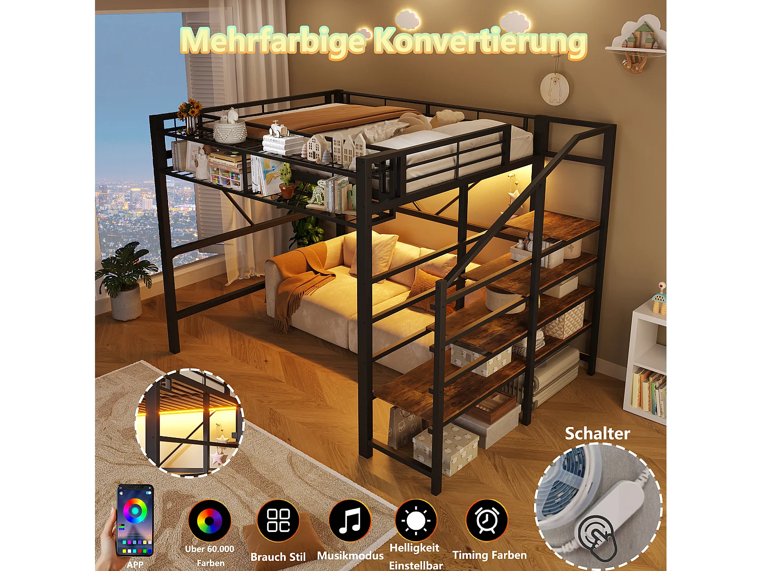 Cama loft 140 x 200 cm - estrutura em metal - com prateleiras de vários níveis - com faixa de luz LED - preto (colchão não incluído)