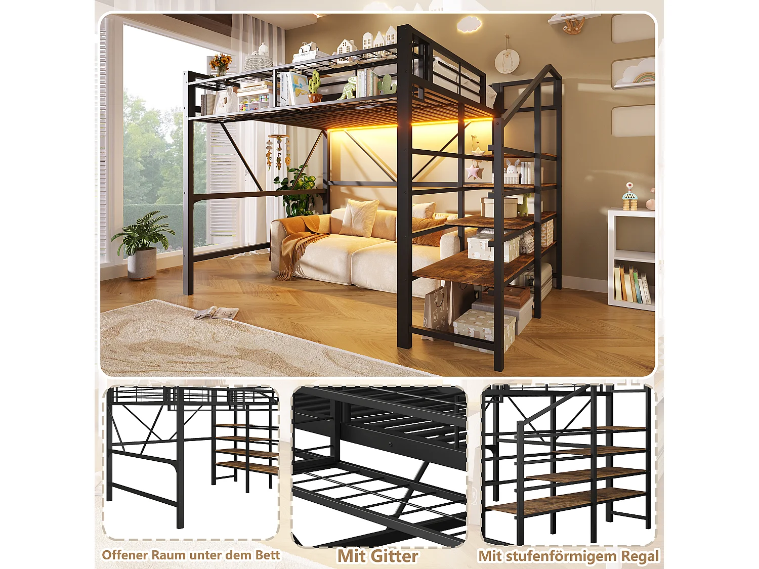 Cama loft 140 x 200 cm - estrutura em metal - com prateleiras de vários níveis - com faixa de luz LED - preto (colchão não incluído)