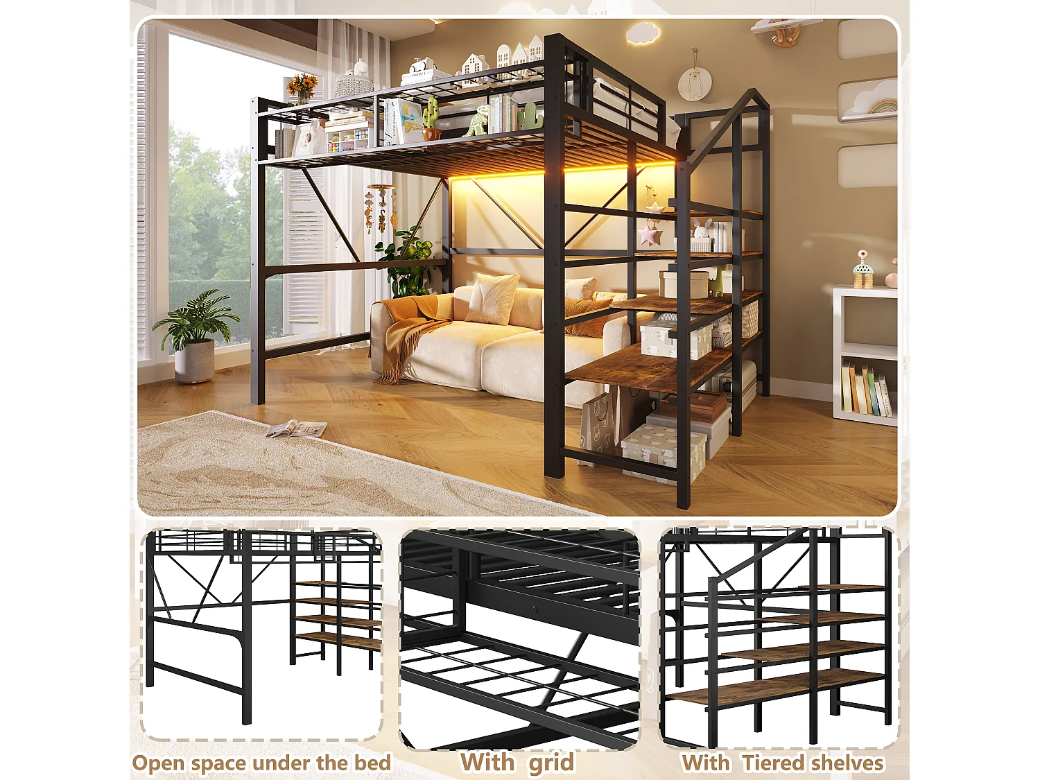 Cama loft 140 x 200 cm - estrutura em metal - com prateleiras de vários níveis - com faixa de luz LED - preto (colchão não incluído)
