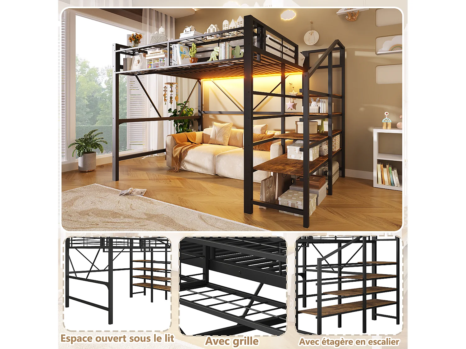 Cama loft 140 x 200 cm - estrutura em metal - com prateleiras de vários níveis - com faixa de luz LED - preto (colchão não incluído)