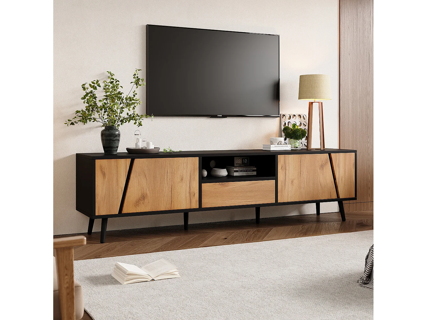 TV Stand 180x40x46cm - with 1 drawer and 2 doors - suitable for 75-inch TVs - black + natural