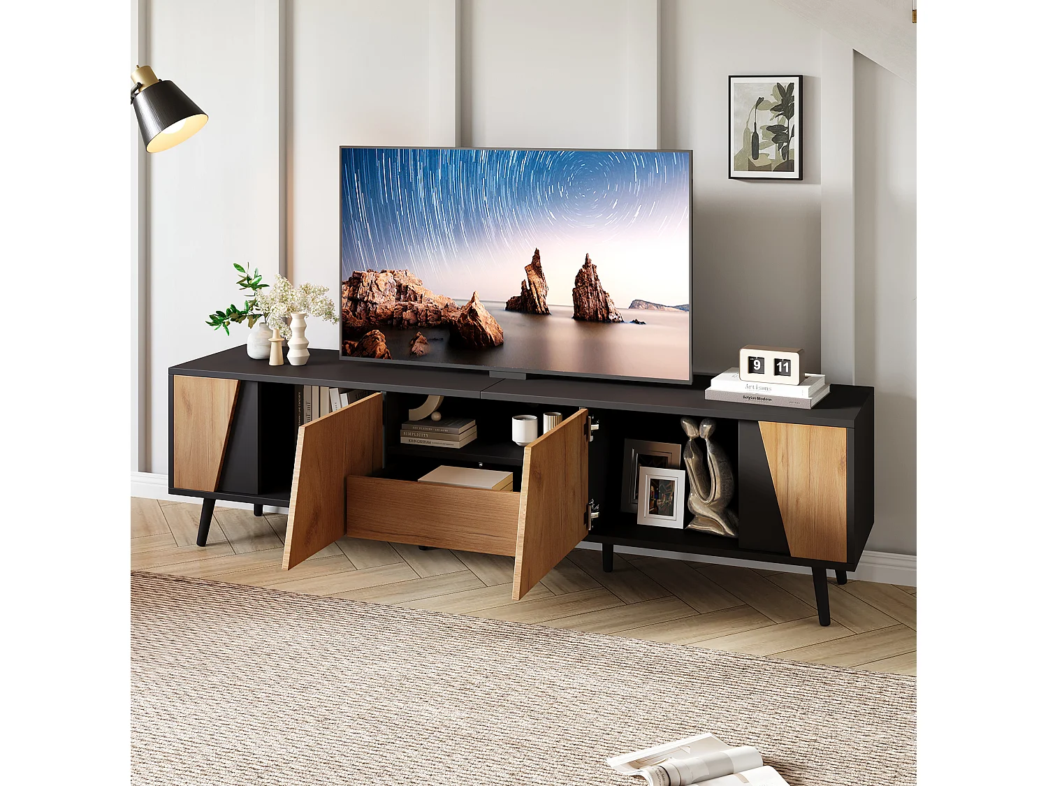 TV Stand 180x40x46cm - with 1 drawer and 2 doors - suitable for 75-inch TVs - black + natural
