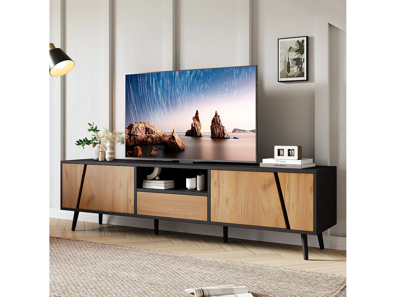 TV Stand 180x40x46cm - with 1 drawer and 2 doors - suitable for 75-inch TVs - black + natural