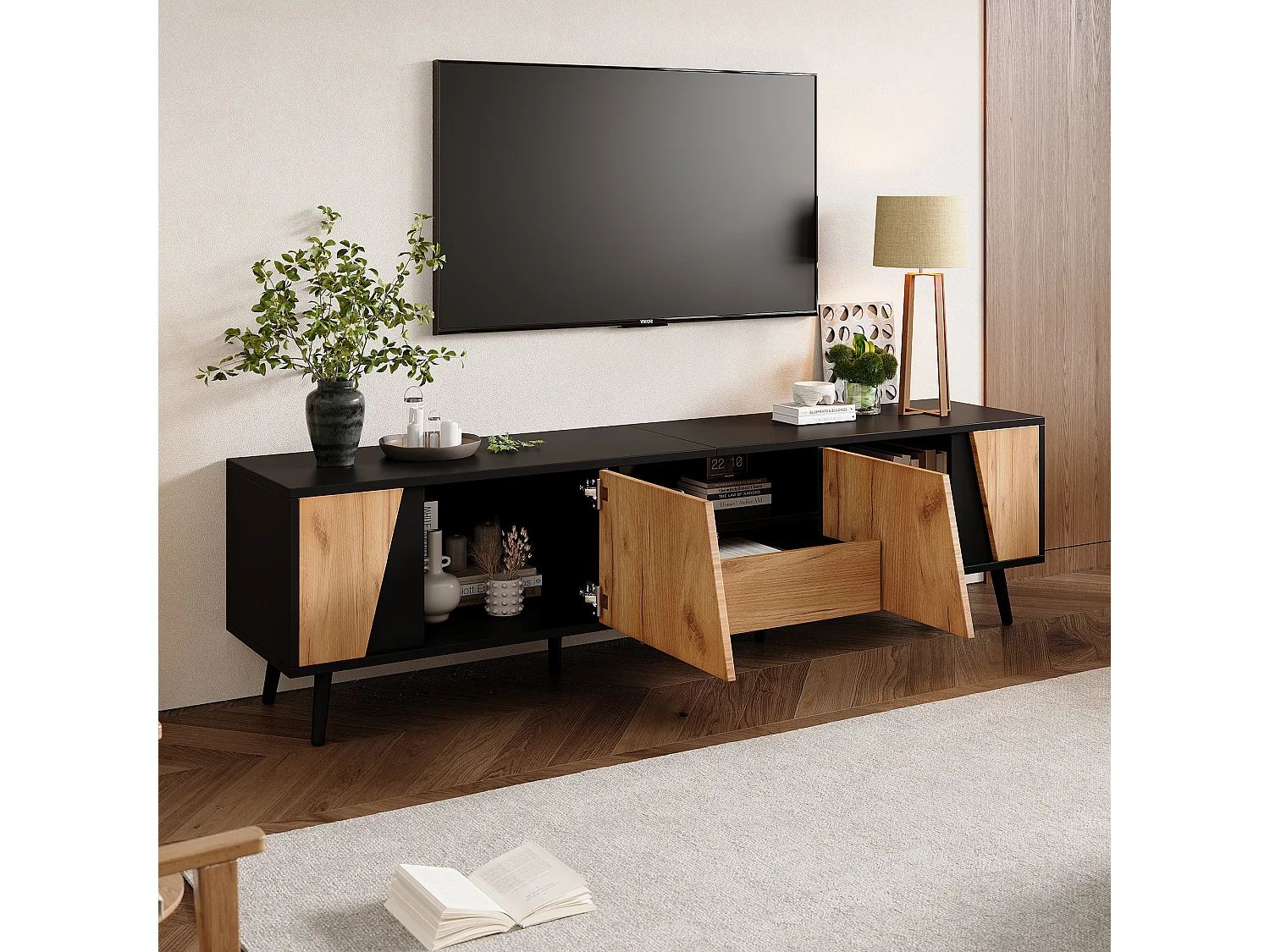 TV Stand 180x40x46cm - with 1 drawer and 2 doors - suitable for 75-inch TVs - black + natural