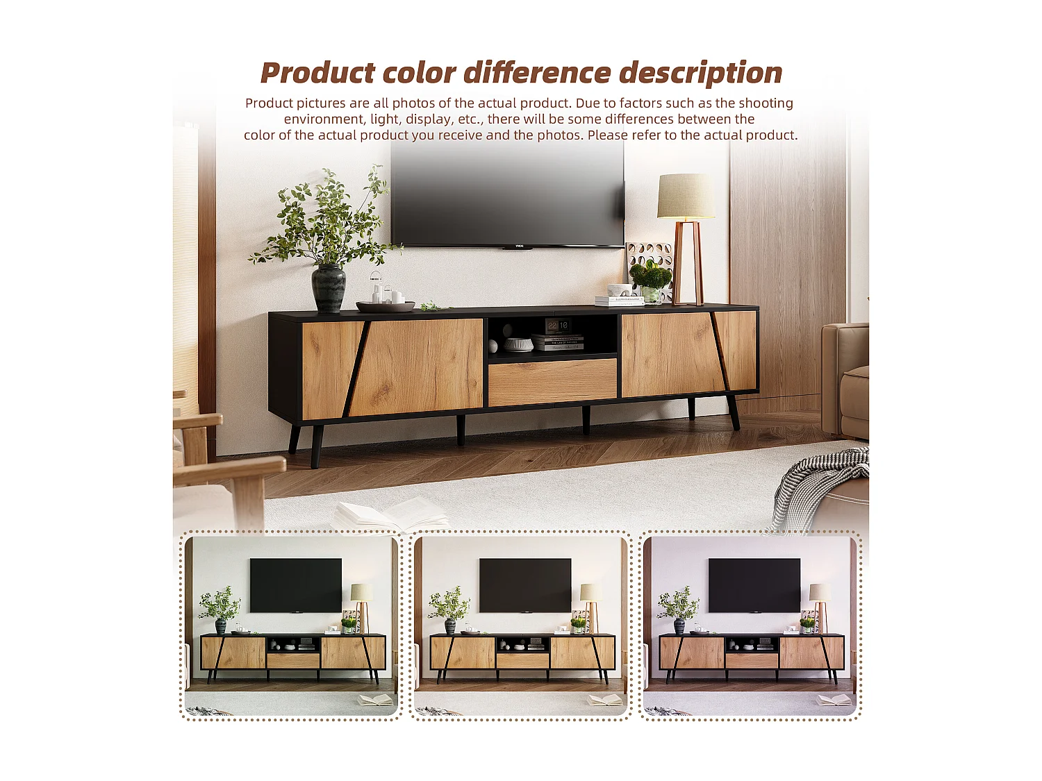 TV Stand 180x40x46cm - with 1 drawer and 2 doors - suitable for 75-inch TVs - black + natural