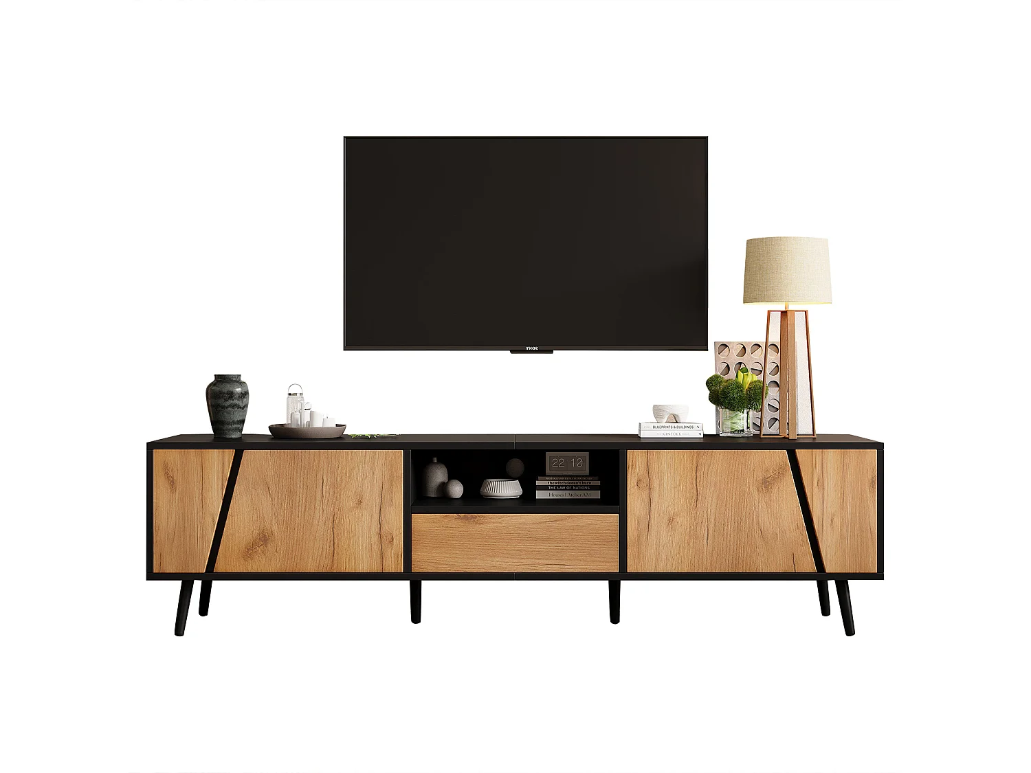 TV Stand 180x40x46cm - with 1 drawer and 2 doors - suitable for 75-inch TVs - black + natural
