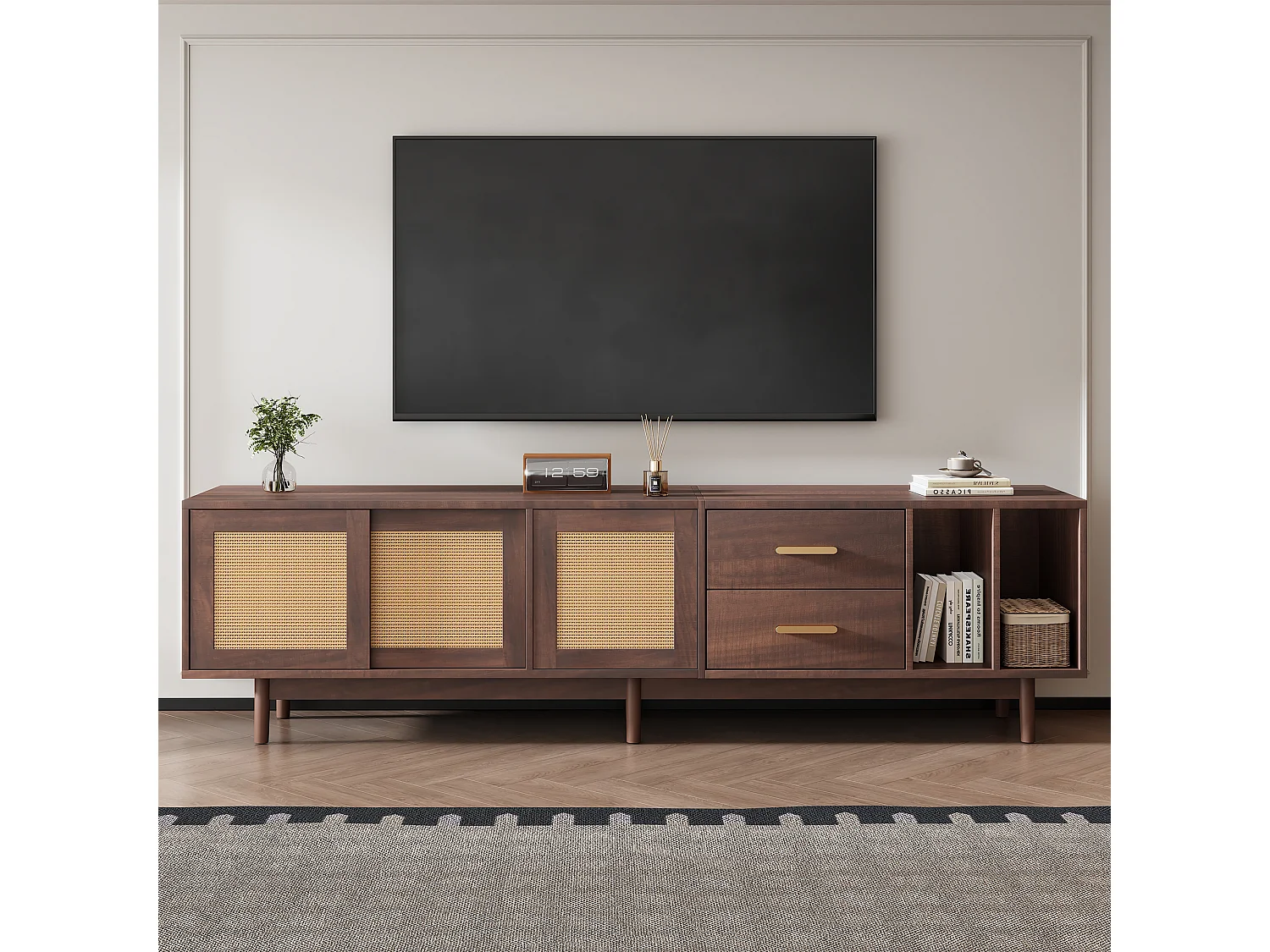 TV Stand 190x40x52cm - with 2 drawers - with storage compartments - for 75" TVs - Brown