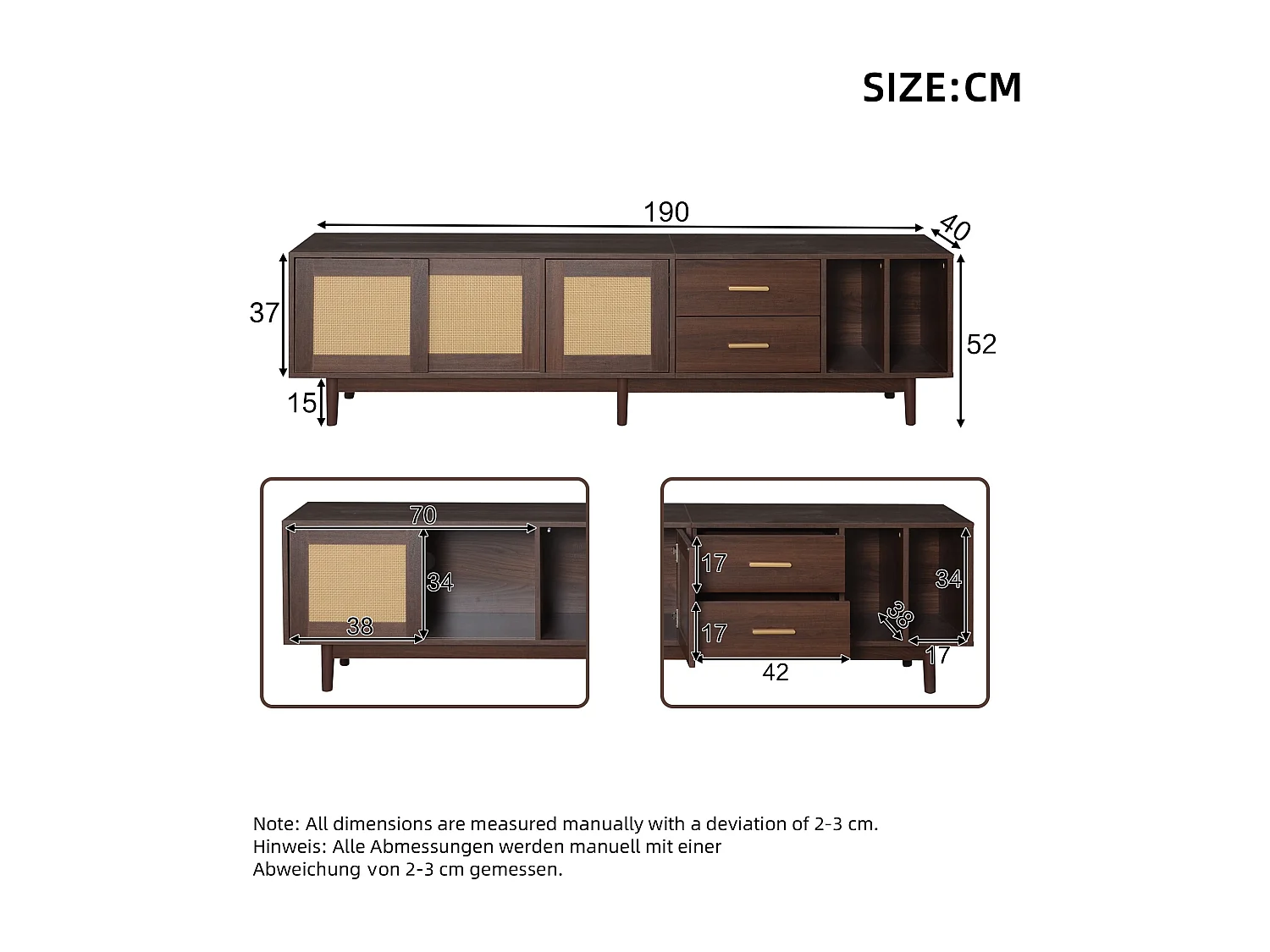 TV Stand 190x40x52cm - with 2 drawers - with storage compartments - for 75" TVs - Brown
