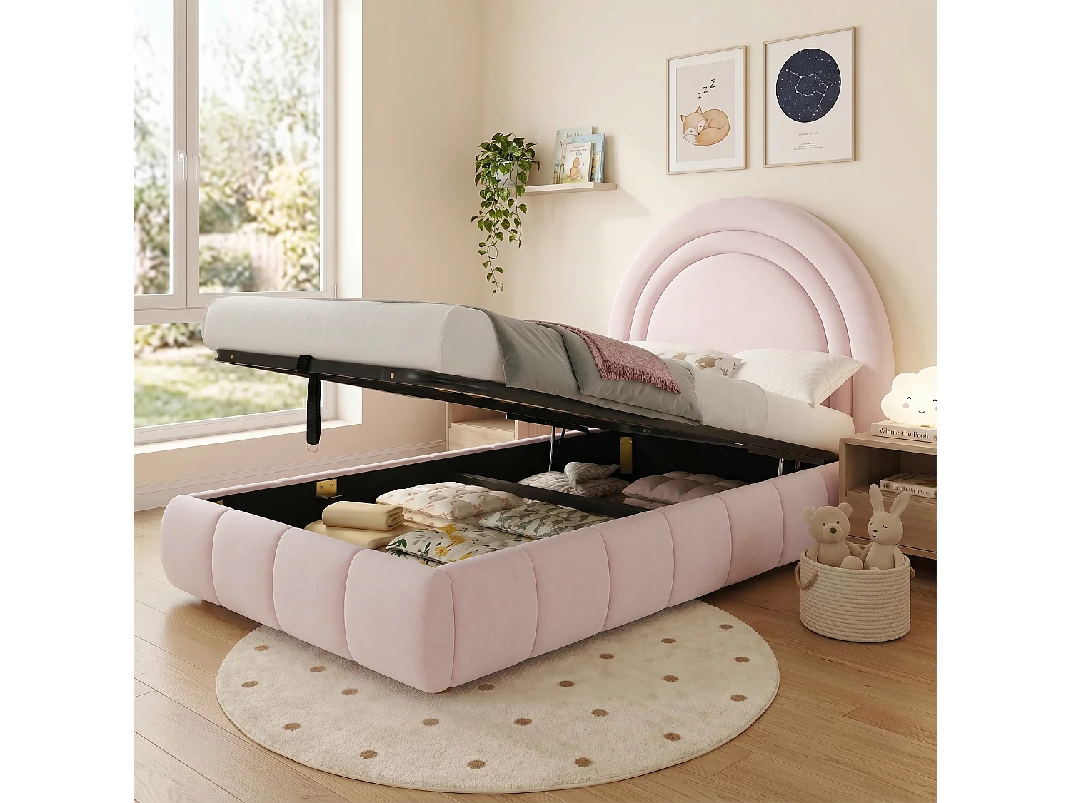 Lit coffre rembourré 90x200 cm - Lit enfant - Tissu velours - Sommier à lattes - Rose (sans matelas)