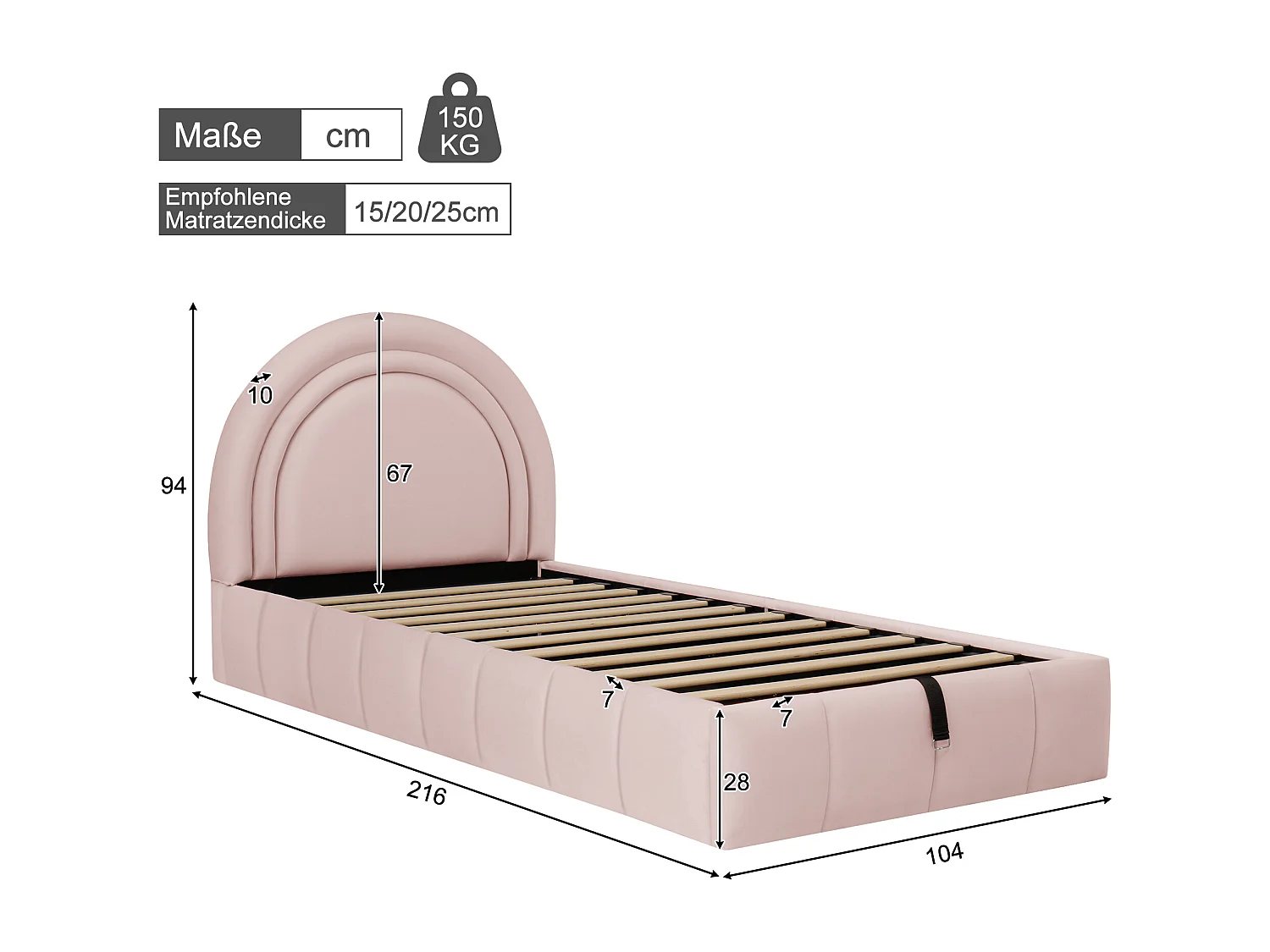 Lit coffre rembourré 90x200 cm - Lit enfant - Tissu velours - Sommier à lattes - Rose (sans matelas)