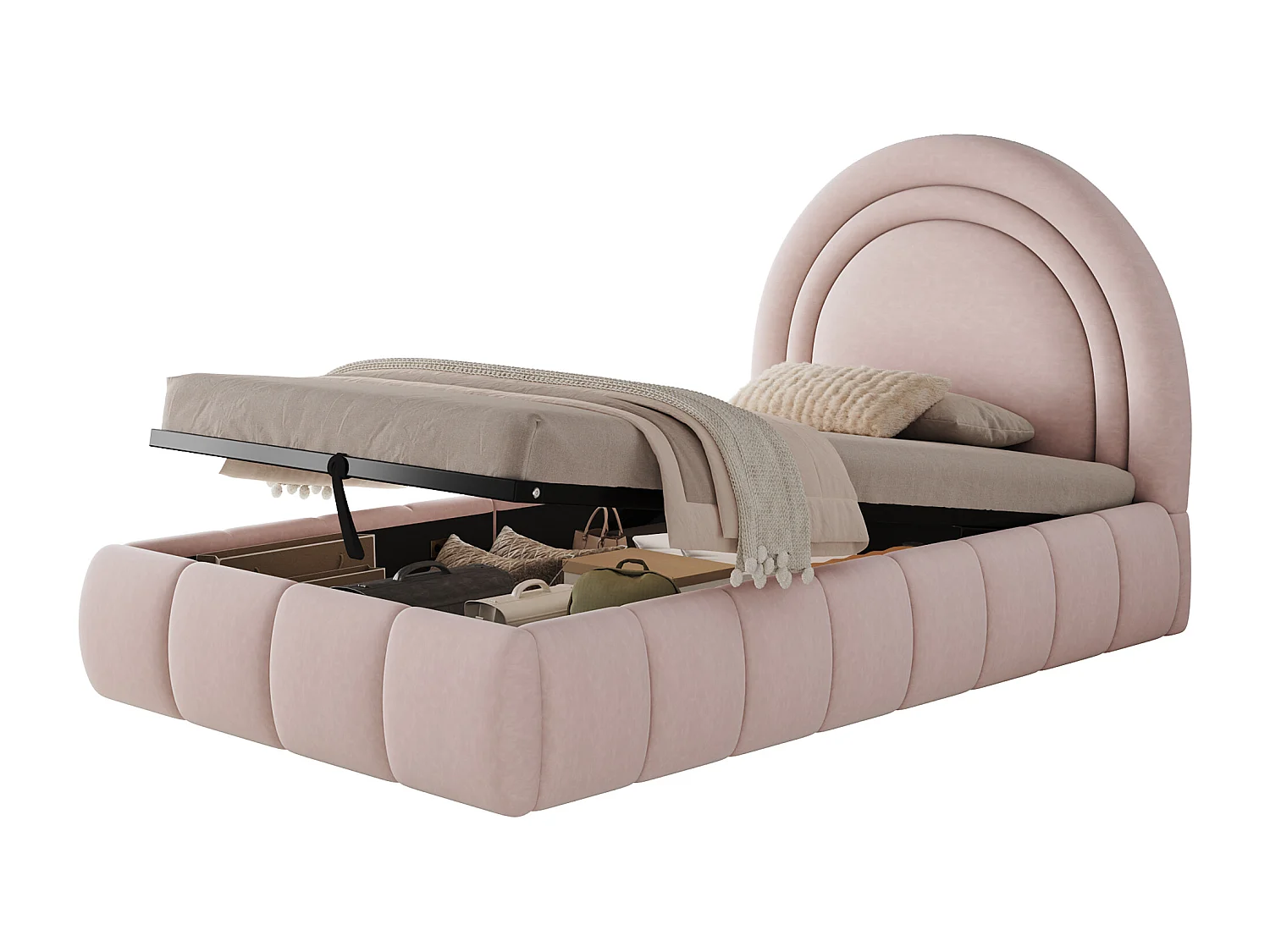 Lit coffre rembourré 90x200 cm - Lit enfant - Tissu velours - Sommier à lattes - Rose (sans matelas)