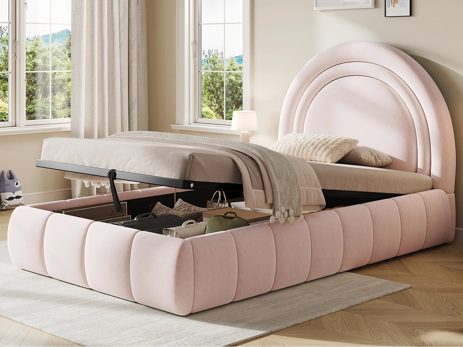 Lit coffre rembourré 90x200 cm - Lit enfant - Tissu velours - Sommier à lattes - Rose (sans matelas)