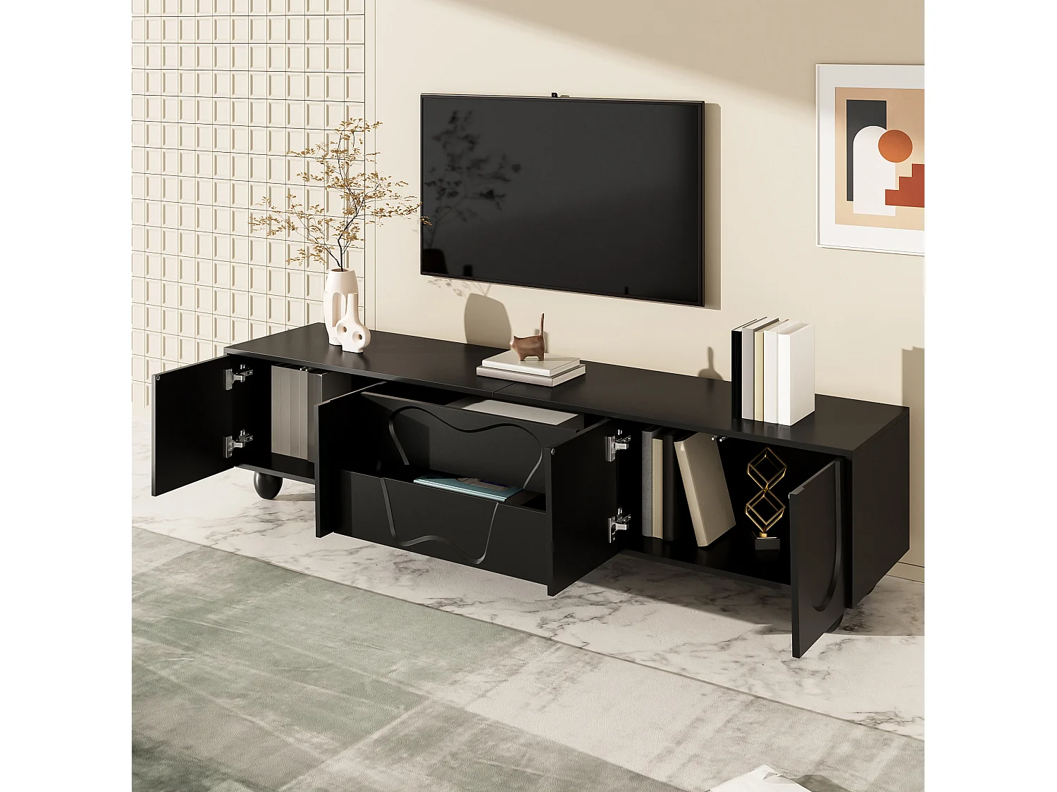 TV Stand 180x40x42 cm - 2 Drawers and 4 Doors - Solid Wood Legs - Particleboard - Black
