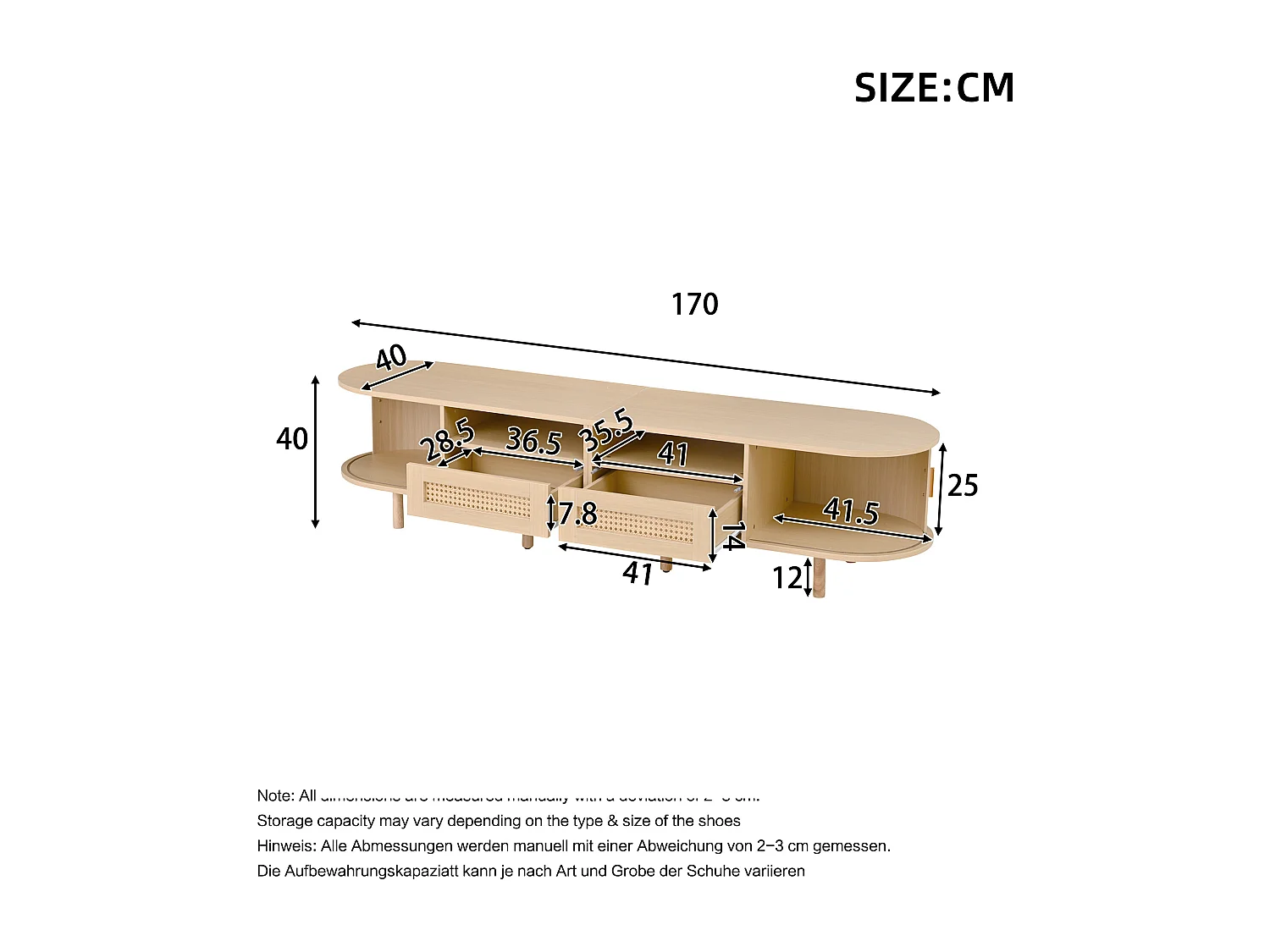 TV Stand 170x40x40 cm - with 2 Rattan Drawers - 2 Sliding Doors - MDF - Natural