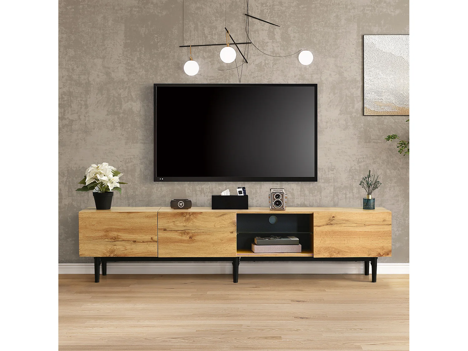 175cm TV Stand with LED Lighting - 3 Doors + 2 Shelves - Industrial Style - Natural