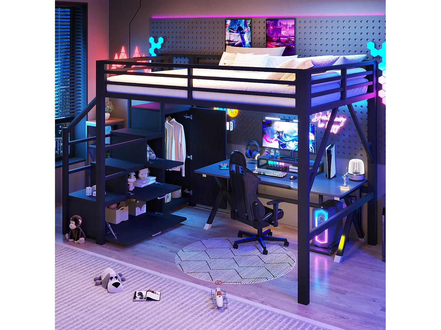 Cama loft em metal 140x200 cm - com arrumação e guarda-roupa - iluminação LED - escada com arrumação - preto (colchão não incluído)