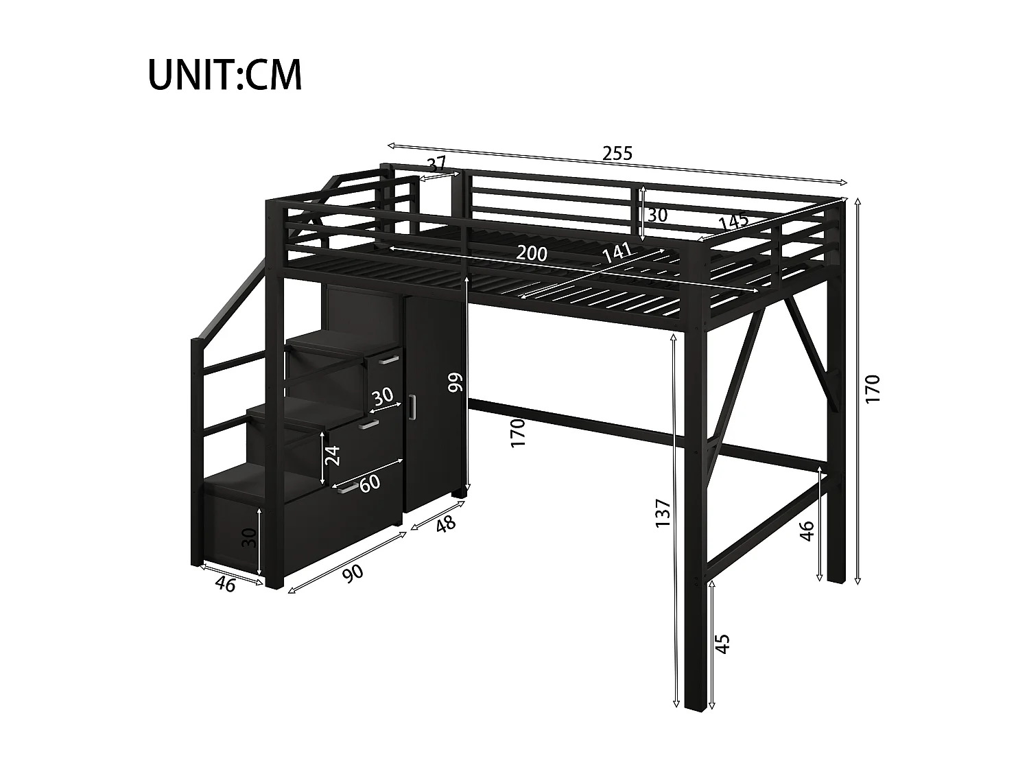 Cama loft em metal 140x200 cm - com arrumação e guarda-roupa - iluminação LED - escada com arrumação - preto (colchão não incluído)