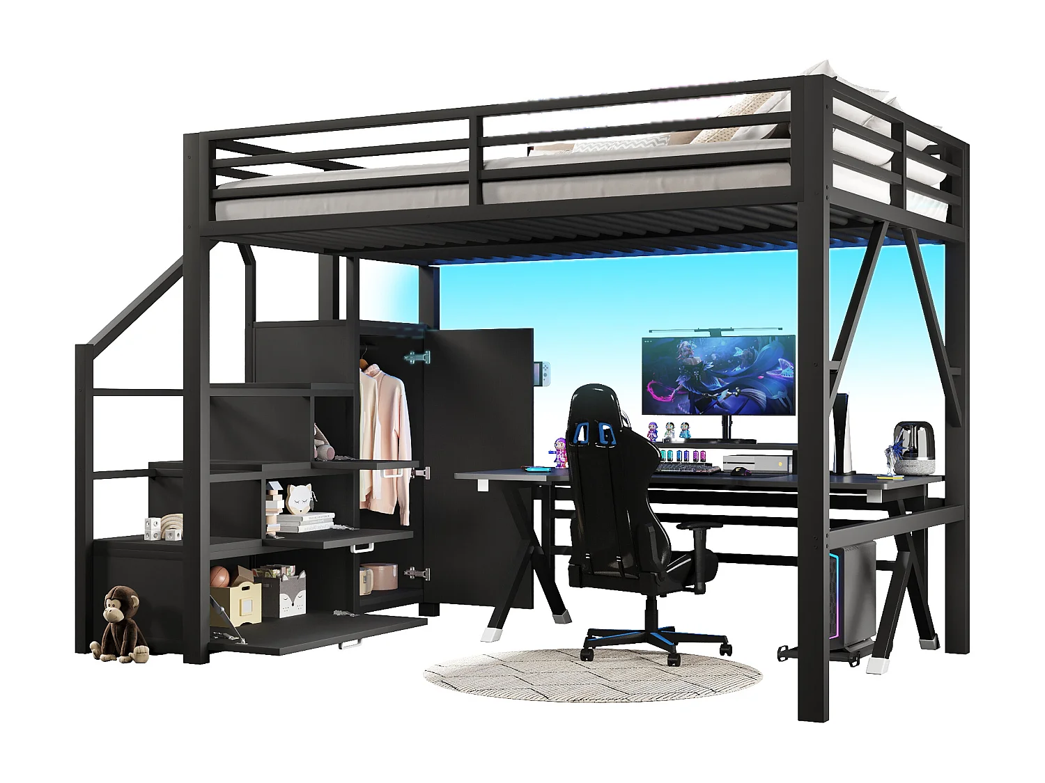 Cama loft em metal 140x200 cm - com arrumação e guarda-roupa - iluminação LED - escada com arrumação - preto (colchão não incluído)