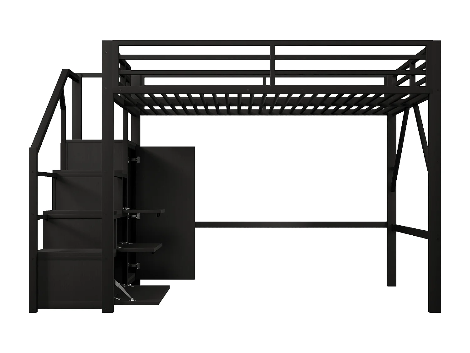 Cama loft em metal 140x200 cm - com arrumação e guarda-roupa - iluminação LED - escada com arrumação - preto (colchão não incluído)